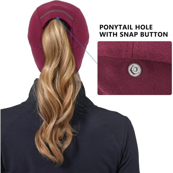 〽️Women\'s Wine Red Winter Reflective Fleece Ponytail Hat with Ear Warmers